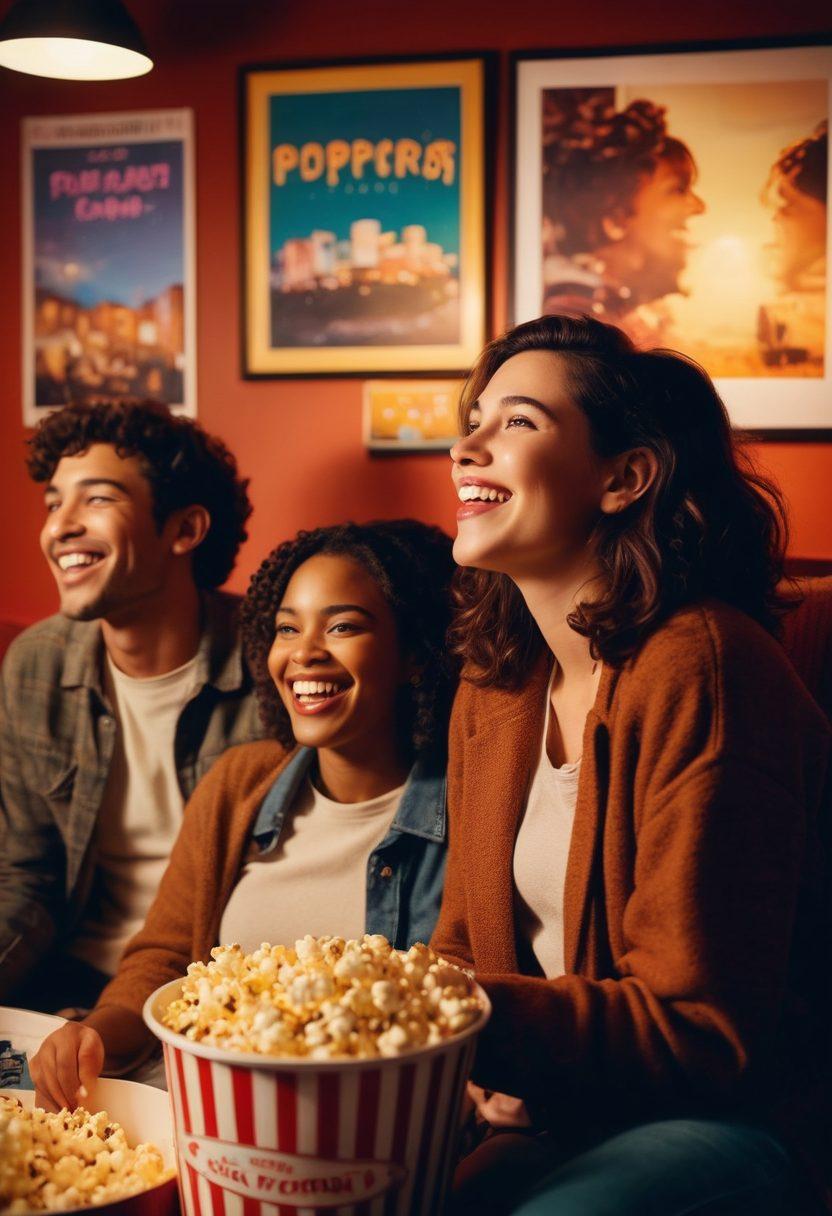 A vibrant and dreamy film scene capturing a group of diverse friends laughing and sharing stories in a cozy indie cinema, with soft warm lighting and colorful film posters in the background. The atmosphere should evoke a sense of joy and nostalgia, with a classic popcorn bucket in the foreground. Cinematic elements like film reels softly glowing in the corners add to the feel-good vibe. super-realistic. vibrant colors. warm lighting.