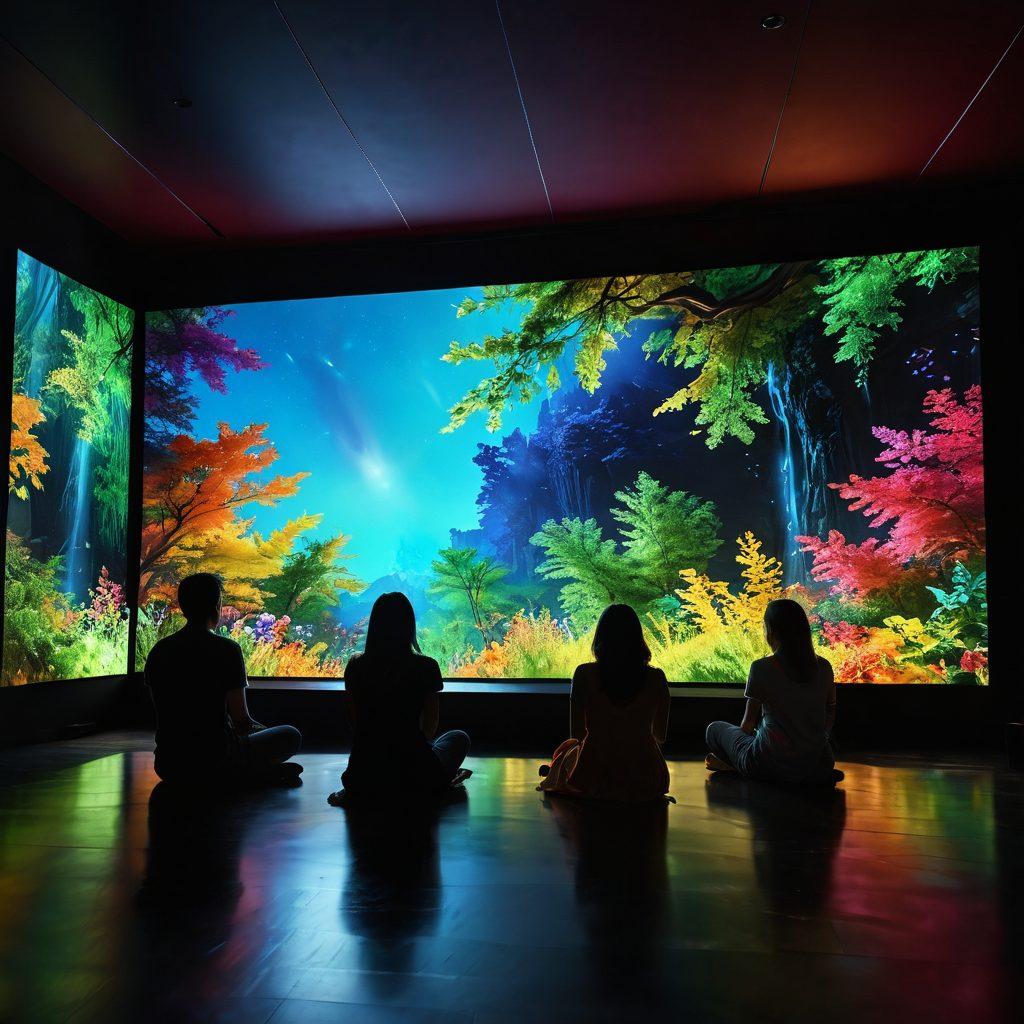 A mesmerizing cinema screen showcasing a vivid depiction of blissful realism, with colorful scenes of nature, urban life, and intimate moments intertwined. Surrounding the screen are captivated audiences, reflecting emotions of joy and wonder. Light beams emanate from the screen, illuminating the dark theater. The overall atmosphere is enchanting, inviting viewers to dive into a world of storytelling. vibrant colors. super-realistic.