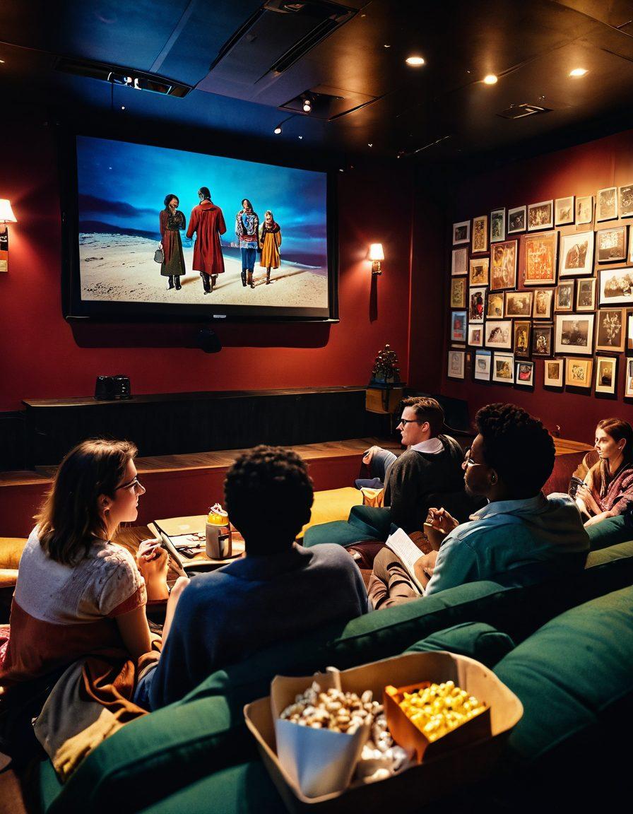A cozy indie cinema filled with diverse audiences enjoying a heartfelt film screening. The walls adorned with vibrant movie posters, capturing the essence of independent storytelling. Soft, warm lighting creating an inviting atmosphere. In the foreground, a couple sharing popcorn, showcasing genuine reactions to the on-screen narrative. Cinematic elements such as a projector beam illuminating the screen in a dark room. super-realistic. vibrant colors. cozy atmosphere.